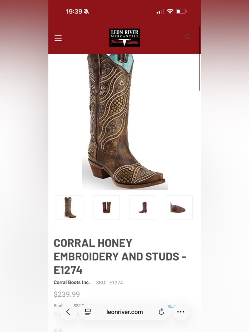 Corral Brown Honey Embroidered Studded Western Heeled Boot with Turquoise Top